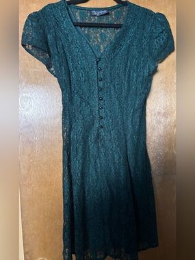 Vintage All That Jazz Lace Dress 80s 90s Forest Green Short Sleeve Size Large